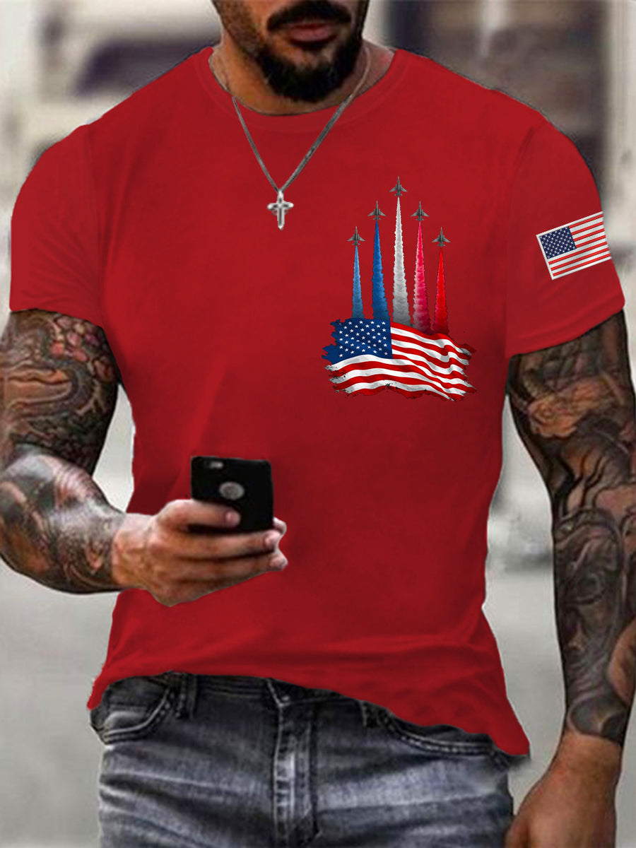 Men's Independence Day American Flag Jet Plane Print Casual Tee