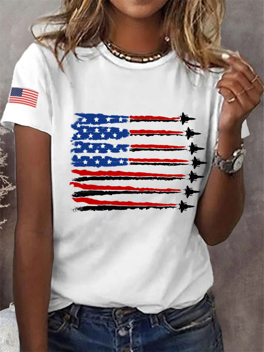 Women's Independence Day USA Flag Fighter Jets Print Casual Tee