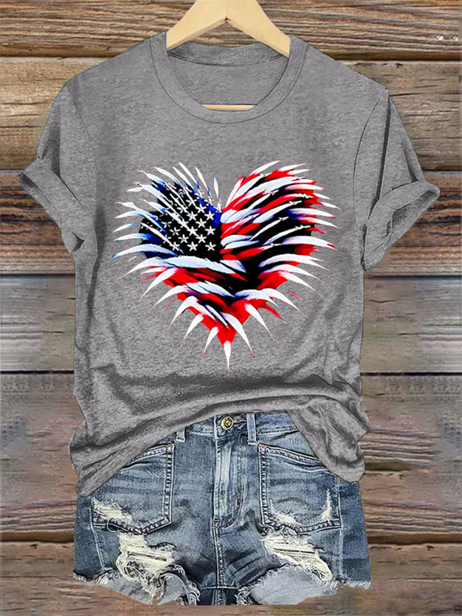 Women's Independence Day American Flag Heart Fireworks Casual Tee