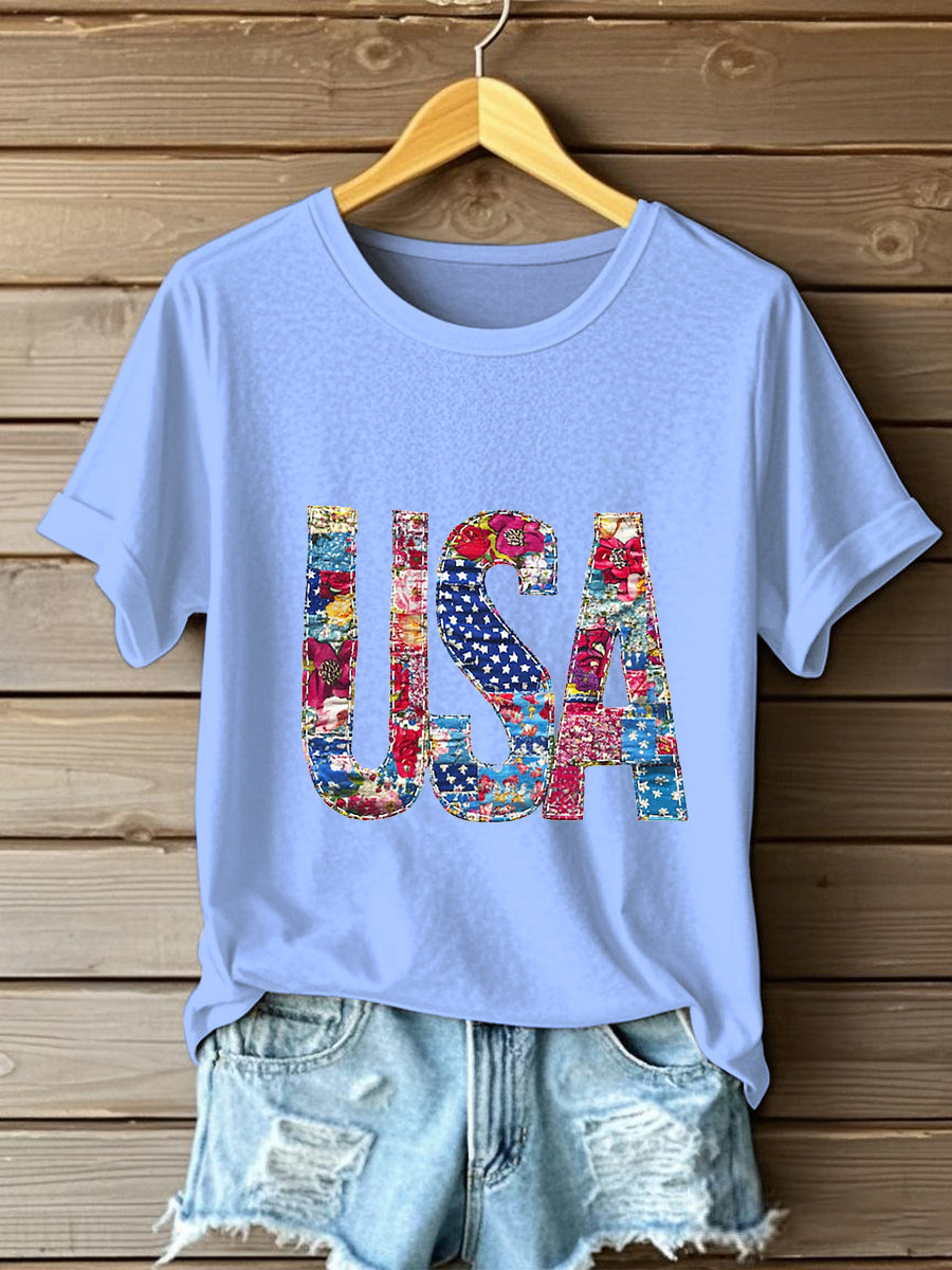 Women's Independence Day Retro Patchwork Flag Short-sleeved T-shirt