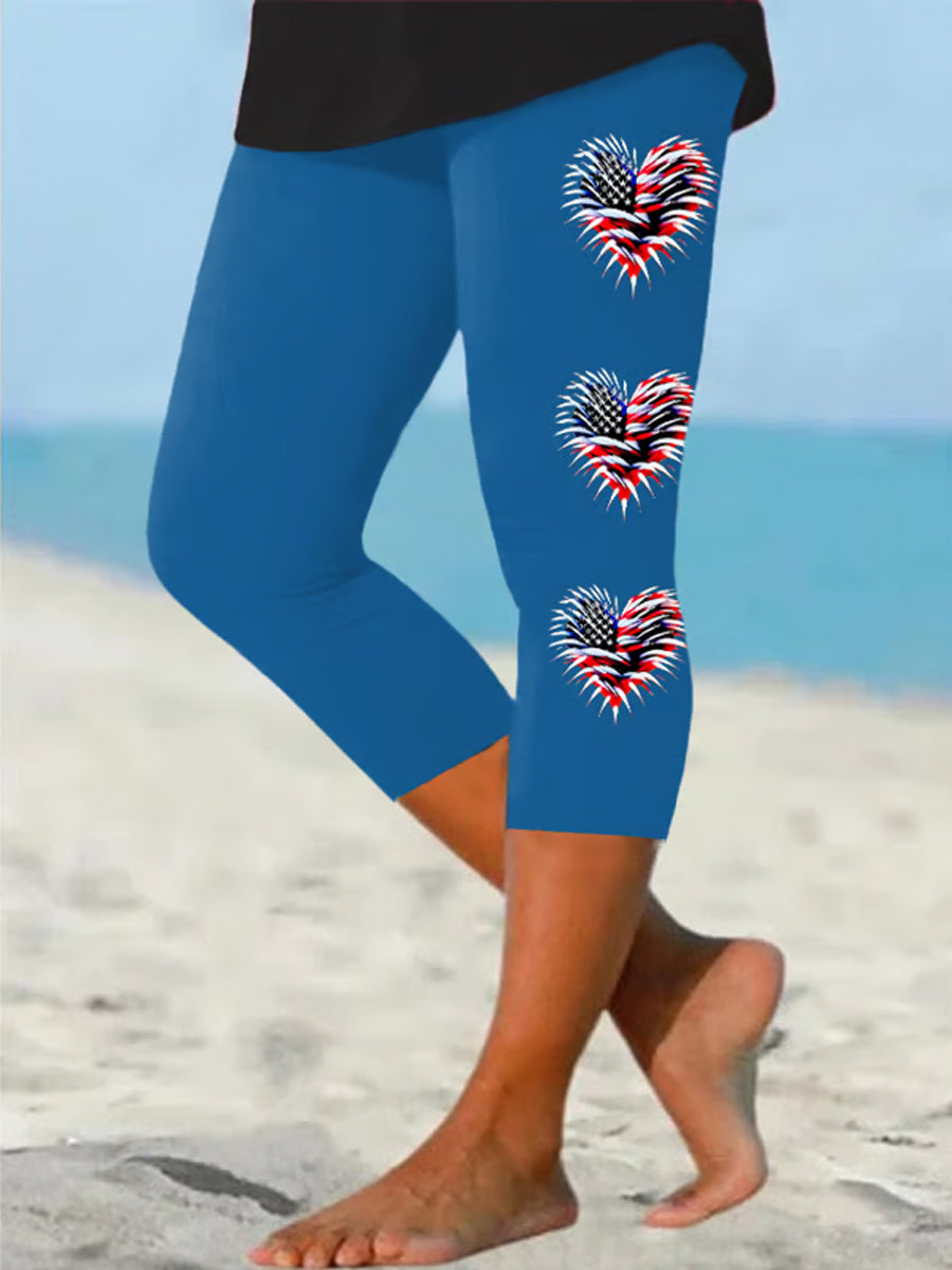 Women's Independence Day American Flag Heart Fireworks Casual Cropped Leggings