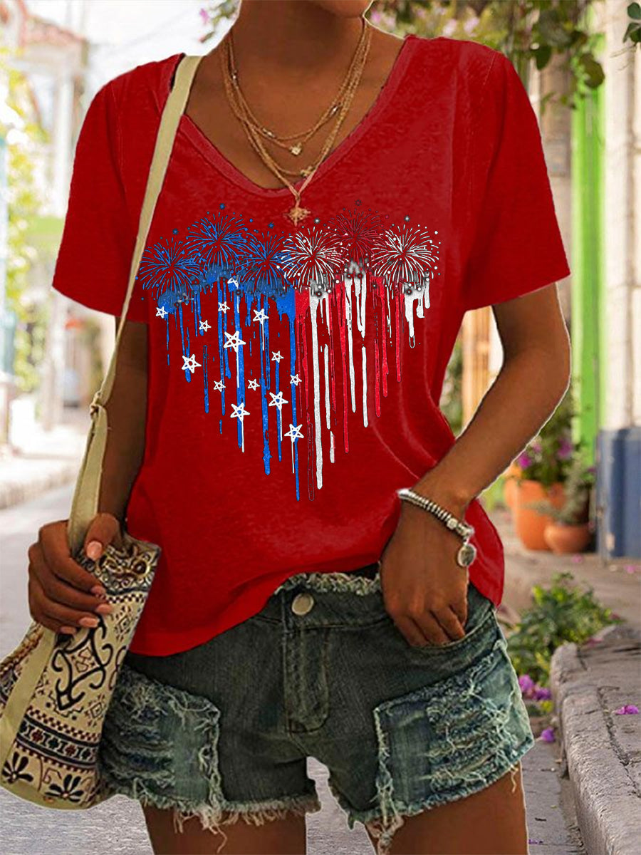 Women's Independence Day American Flag Fireworks Heart Print Casual V-Neck Tee