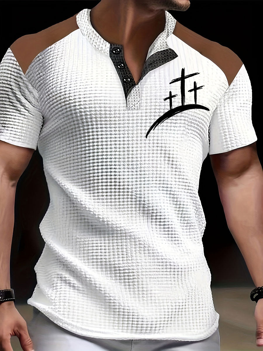 Men's Faith Cross Printed Casual Button T-Shirt