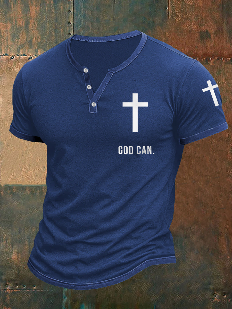Men's God Can Christian Cross Faith Casual Buttons Tee