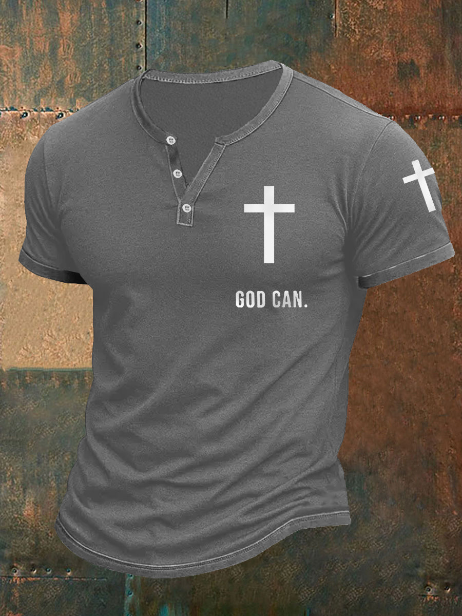 Men's God Can Christian Cross Faith Casual Buttons Tee