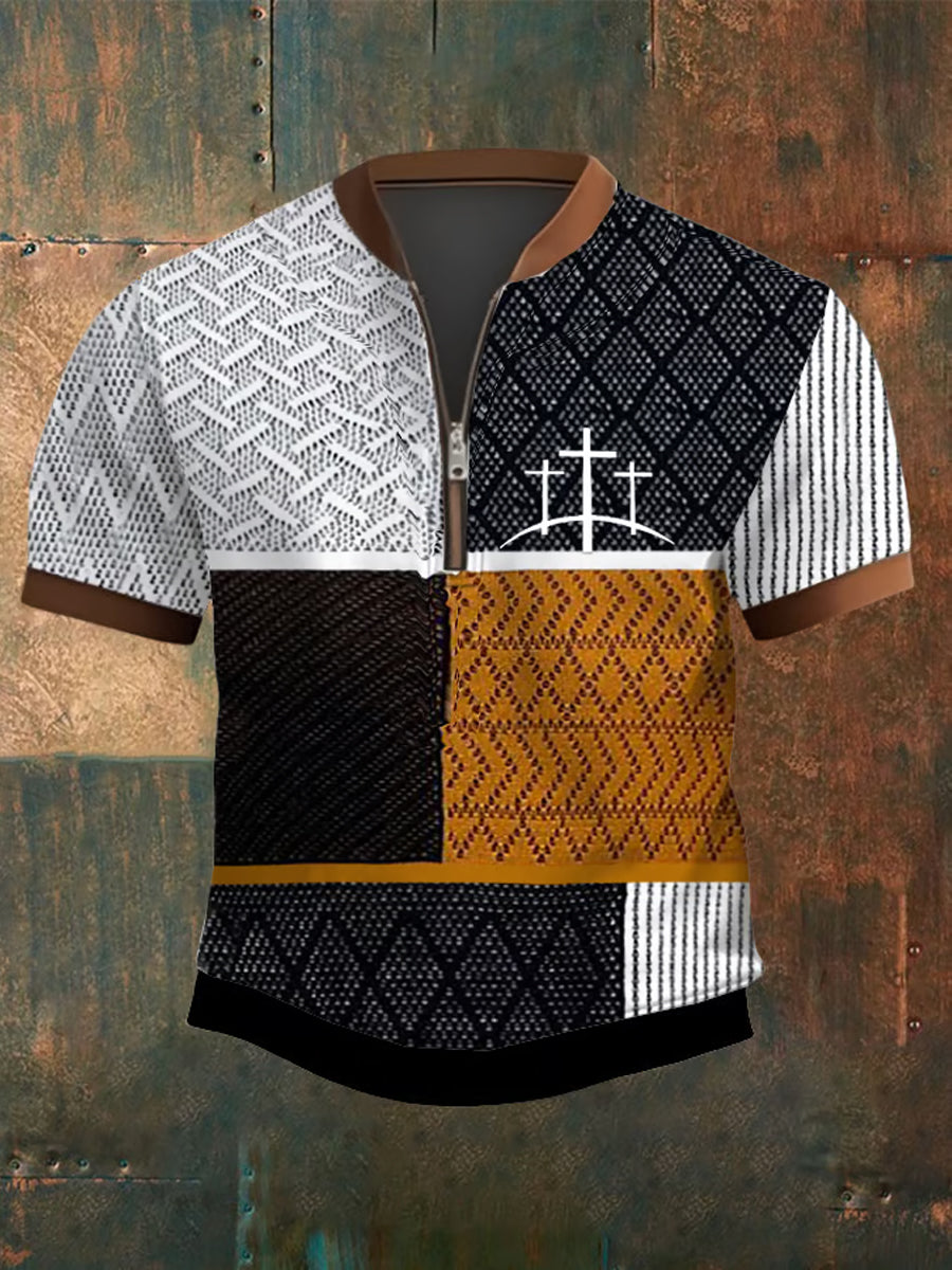 Men's Faith Contrast Textured  Printed Zip-Up Short Sleeve Top