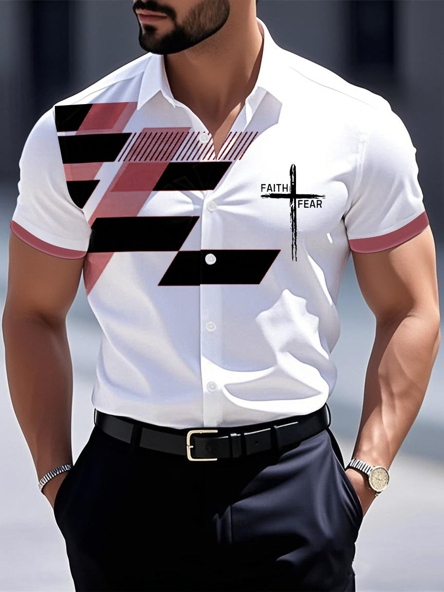 Men's Faith Over Fear Geometric Print Casual Short Sleeve Shirt