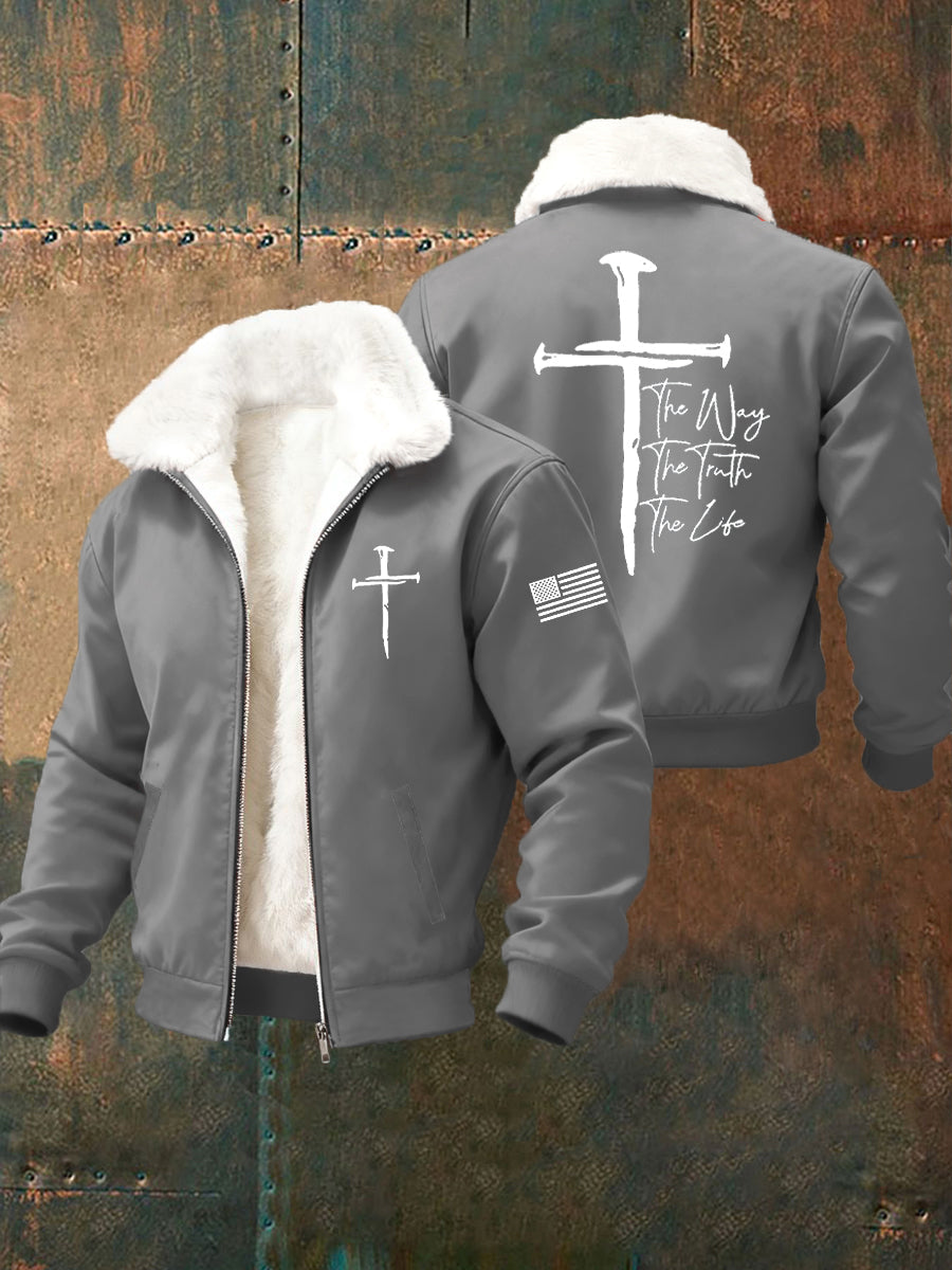 Men's Jesus The Way The Truth The Life Cross Fur Collar Zip-Up Jacket