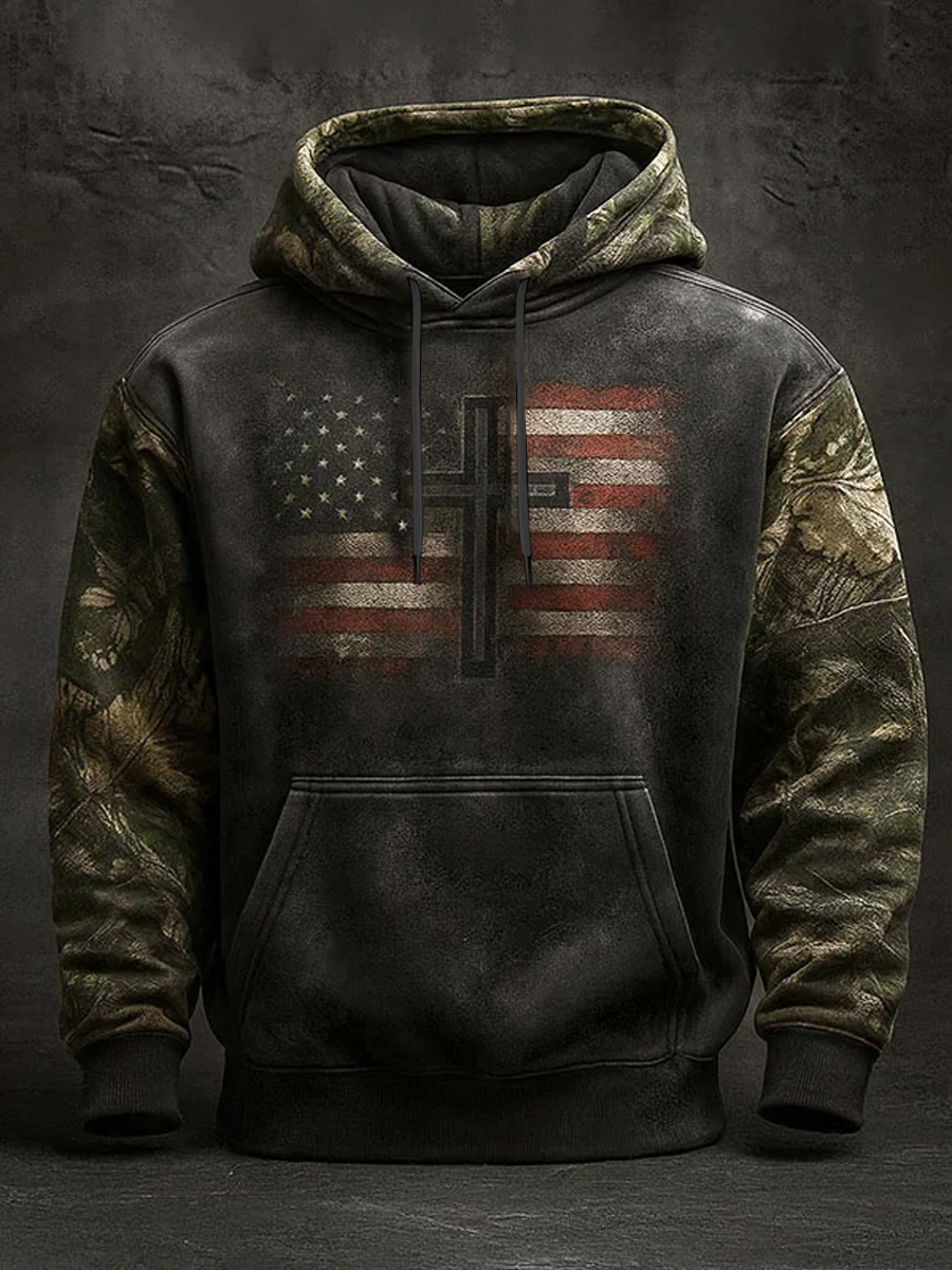 Men's Faith Cross Flag Oversized Drop-Shoulder Hoodie with Pockets